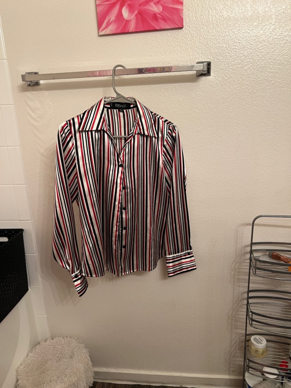Kasper Vertical Stripe Button-Down Shirt in Red, Black & White